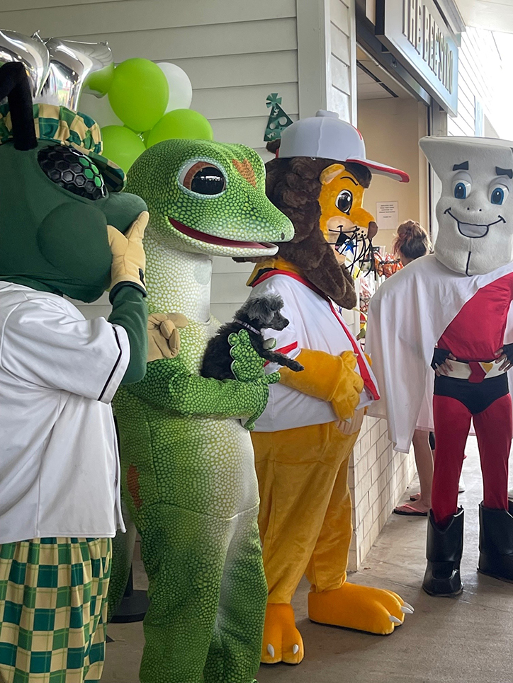 Mascots lined up, one holding dog