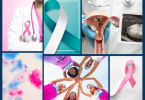 Collage of images showing cancer ribbons and women joining together to fight cancer