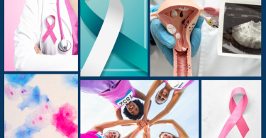 Collage of images showing cancer ribbons and women joining together to fight cancer