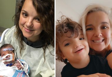 Two photos side by side, woman and baby on left and woman and little boy on right